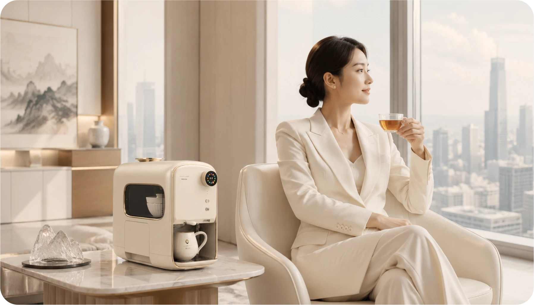 用户在现代空间中使用茶小牛品茶