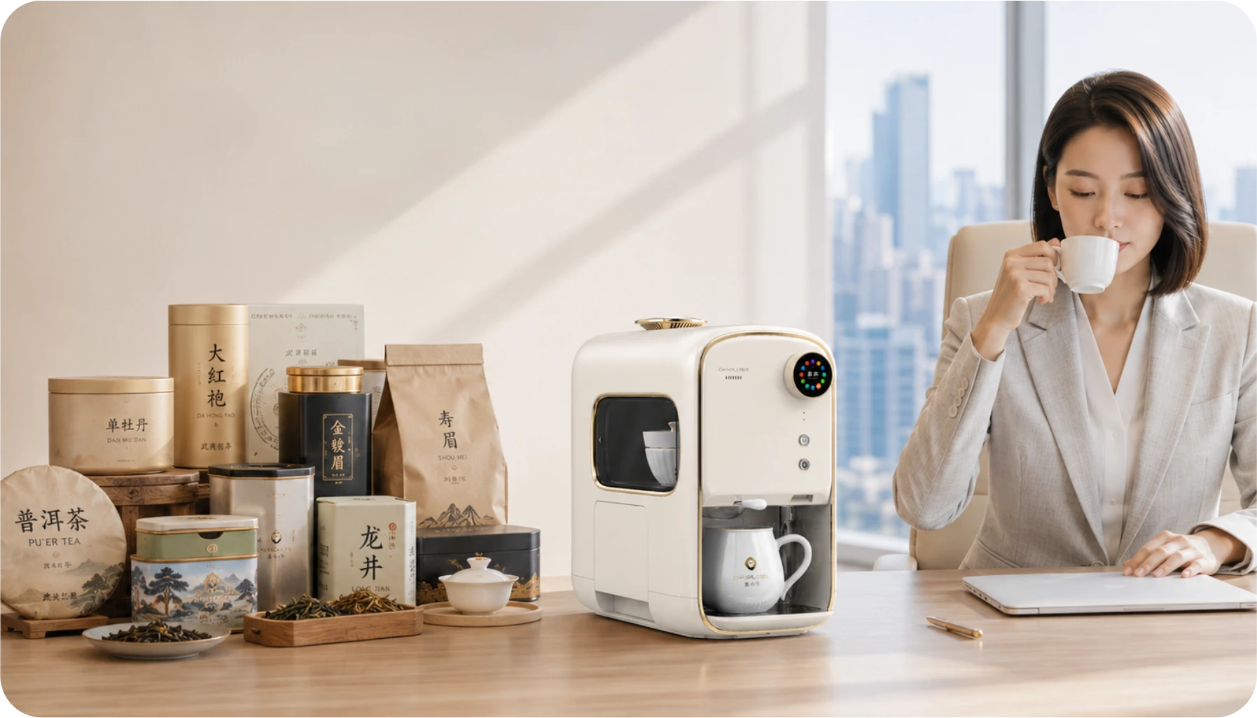 茶小牛与多种茶叶组成的办公品茶场景